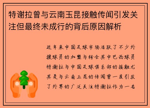 特谢拉曾与云南玉昆接触传闻引发关注但最终未成行的背后原因解析 特谢拉曾与云南玉昆接触传闻引发关注但最终未成行的背后原因解析