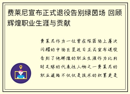 费莱尼宣布正式退役告别绿茵场 回顾辉煌职业生涯与贡献 费莱尼宣布正式退役告别绿茵场 回顾辉煌职业生涯与贡献