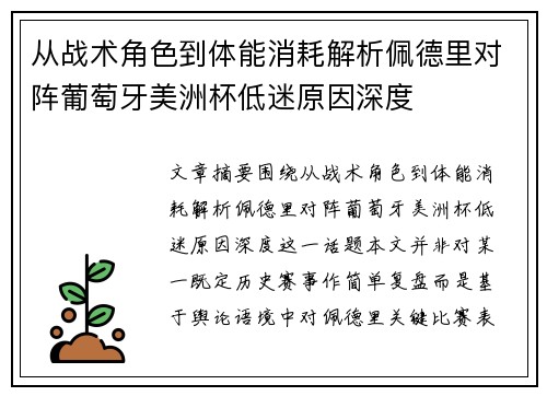从战术角色到体能消耗解析佩德里对阵葡萄牙美洲杯低迷原因深度